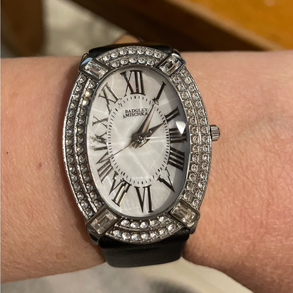 Badgley Mischka Black Leather With Swarovski Crystal Face.
